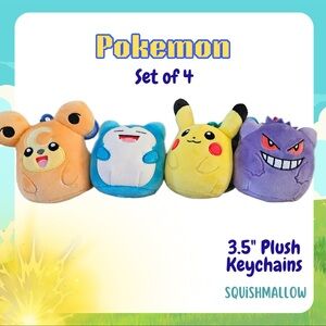 Squishmallows Pokemon Plush Keychains Set - Yellow, Blue, Purple, Orange